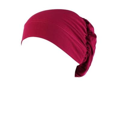 Imagem de Gorros de turbante elástico feminino hijab boné sob cachecol turbante chapéus muçulmanos headwrap boné gorros headwear undercap, Vermelho rosa profundo, M