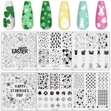 Imagem de Whaline Kit de placas de estampagem de arte de unhas para Dia de São Patrício e Páscoa, 6 peças, trevo, coelho, coelho, ovo, imagem de carimbos, placas de arte de unhas para primavera irlandesa, faça