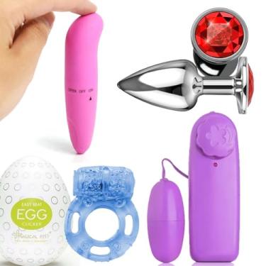Imagem de Kit Sex Shop Iniciante Completão Plug Anal Metálico P + Vibrador Ponto G + Bullet + Masturbador Ovo EGG com Texturas + Anel Peniano com Vibrador