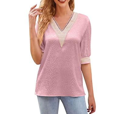 Imagem de Blusas femininas de malha de renda para treino de manga curta grandes blusas elegantes de algodão de verão camisas boho túnica básica, rosa, P