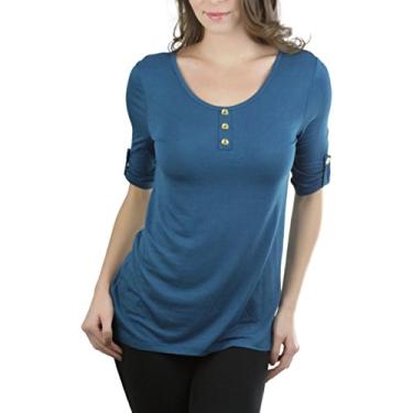 Imagem de ToBeInStyle Blusa feminina de malha com manga 3/4 e gola redonda e botão frontal, Azul-petróleo, P