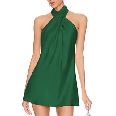 Imagem de BELONGSCI Vestido feminino de cetim de verão 2024 cruzado sem mangas frente única decote coquetel vestido mini, L3: Verde, GG