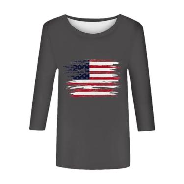 Imagem de Camiseta feminina EUA Star Stripes bandeira de 2024 manga curta confortável verão americano tamanho 12 blusas para mulheres, Cinza, G