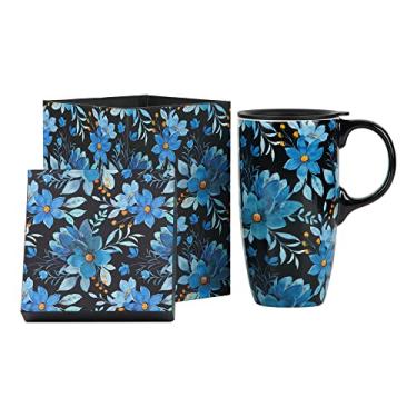 Imagem de Topadorn Caneca de cerâmica flor azul caneca de café de porcelana com caixa de presente, 500 ml flor azul