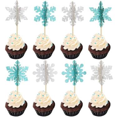 Imagem de Gyufise 24Pcs 3D Snowflake Cupcake Toppers Double Side Glitter Winter Frozen Cupcake Pick Decorations Winter Theme Party Christmas Baby Shower Birthday Decoration Supplies Blue Silver