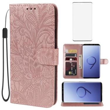Imagem de Gufuwo Capa para Galaxy S9+, capa carteira para Samsung S9 Plus SM-G965U com protetor de tela de vidro temperado, flor de renda, couro PU, flip com suporte para cartão de crédito, capa para celular