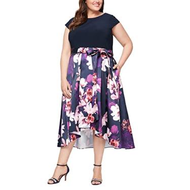 Imagem de S.L. Fashions Vestido feminino plus size com comprimento de chá e gola redonda, Boné floral azul-marinho, 52
