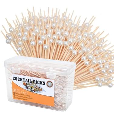 Imagem de Palitos de coquetel de 200 peças com caixa de armazenamento, palitos de bambu extravagantes para espetos de aperitivos, palitos de comida de 12 cm de comprimento (branco)