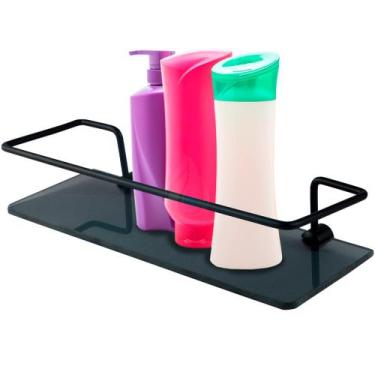 Imagem de Porta Shampoo Para Banheiro Suporte De Vidro 6mm Fumê Reto Preto - Pró