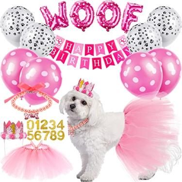 Imagem de Conjunto de 13 peças de artigos de festa de aniversário para cães, fofos, conjunto de bandanas de aniversário, saia tutu rosa, chapéu de coroa, colar de pérolas, faixa de feliz aniversário, 9 balões