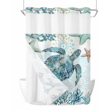 Imagem de Conjunto de cortinas de chuveiro tartarugas marinhas oceano coral estrela do mar sem gancho cortinas de chuveiro com forro de encaixe 122 cm x 183 cm Tecido vintage submarino impermeável transparente