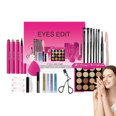 Imagem de Kit de maquiagem para olhos, kit de maquiagem para iniciantes,Conjunto de maquiagem para os olhos de meninas - Rímel, paleta de sombras, cidadã de cílios, estêncil de carimbo de sobrancelha, escova de