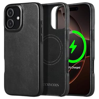 Imagem de Capa de telefone compatível com MagSafe de couro genuíno para Apple iPhone 16 Plus de 6,7 polegadas, preta, para carregamento sem fio, capa protetora com forte magnetismo, botões de metal, moldura da