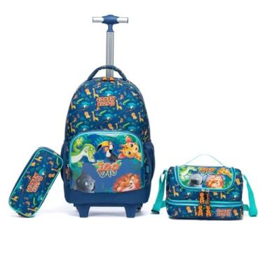 Imagem de Conjunto Escolar Infantil Zoo Life, Mochila com Rodas + Estojo + Lancheira, Azul Marinho com Estampa de Animais