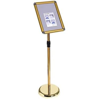 Imagem de Suporte para pôster Suporte para sinalização de chão A4 Pedestal Suporte para pôster Estrutura de canto arredondado, ângulo e altura ajustável Suporte de aviso telescópico, dourado