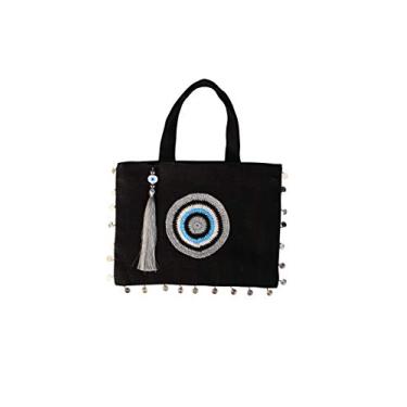 Imagem de KarensLine Handmade Grande olho turco preto - bolsa de mão de juta prata bolsa de praia bolsa de presente com zíper com cristais e borlas, grande, Preto, Large