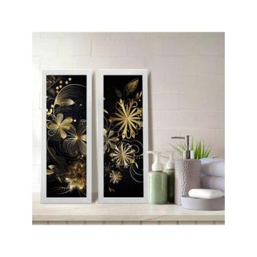 Imagem de Kit 2 Quadros Decorativos Banheiro Lavabo Floral Luxo Dourado - NoBran