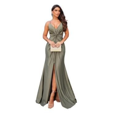 Imagem de Vestido Longo Alça de Strass Fenda na Frente - Glamoor Festa, Verde ol
