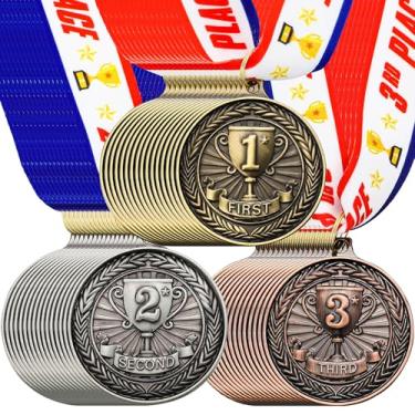 Imagem de Loetere 48 peças de medalhas redondas de metal 5 cm ouro prata bronze prêmios com fita de pescoço 1º 2º 3º lugar medalhas para prêmios vencedor troféu para competições esportivas festa (troféu)