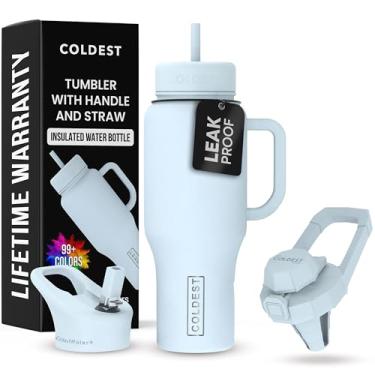 Imagem de Copo Coldest com alça e canudo - Copo isolado 100% à prova de vazamento com tampa e canudo (3 tampas) - Copos de aço inoxidável para mulheres e homens - Base compatível com porta-copos, 1,020 g (névoa