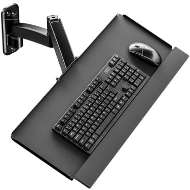 Imagem de Suporte de parede para teclado e mouse de 66 cm, plataforma de digitação ajustável em altura, rotação de 360 graus, suporta até 9 kg, preto