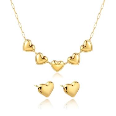 Imagem de LOMISS CONJUNTO COLAR FOLHEADO A OURO 18K PINGENTE 5 CORAÇÕES E BRINCOS FEMININOS CORAÇÃO METAL