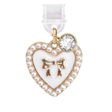 Imagem de ELISE & FONDA TP583 Porta de carregamento tipo C plugue antipoeira Little Love Heart com laço para celular iPhone 15/16/Samsung/OnePlus/Xiaomi/oppo telefones Android (branco)