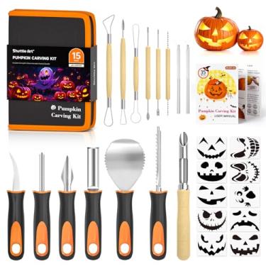 Imagem de Kit de entalhe de abóbora de Halloween, 15 peças de ferramentas profissionais de escultura de abóbora de aço inoxidável resistente com estojo de transporte para crianças, adultos, esculpir, Jack-O-Lanternas