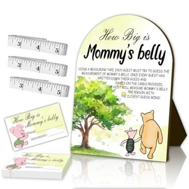 Imagem de QZCYU Placa de madeira Ursinho Pooh 54 peças com 50 cartas de jogo de convidados – Meça a barriga chá de bebê, suprimentos de aniversário, decorações de festa, placa de mesa de chá de bebê centros de