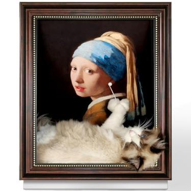 Imagem de Almofada de pintura para arranhar gatos para ambientes internos, com carrinho horizontal, arranhador de gato, cama, design semi-surround com erva-dos-gatos (menina com brinco de pérola, médio - grande