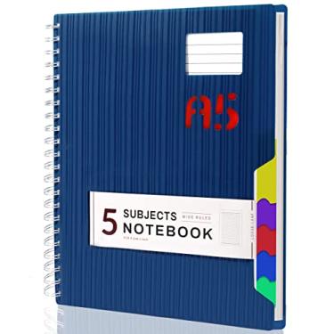 Imagem de Caderno espiral com 5 matérias de capa dura em espiral com abas, cadernos largos pautados com divisórias, 250 páginas para escrever, diário, casa, escritório, material escolar, 14 x 20 cm, azul