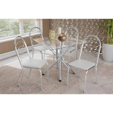 Imagem de Kit 4 Cadeiras Sala Jantar Volga c/ Tampo de Vidro 90cm e 4 Cadeiras Holanda Cromada - Courano Branco - Kappesberg
