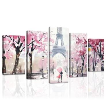 Imagem de DOARTDO Arte de parede em tela de Paris rosa 5 peças impressão de imagem da Torre Eiffel grande paisagem romântica decoração de parede arte de dia dos namorados para sala de estar decoração de casa