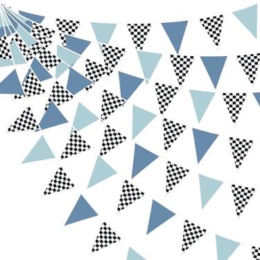 Imagem de Decorações de festa de corrida de 8,5 m azul empoeirado preto branco quadriculado faixa bandeira triangular flâmula guirlanda para meninos carro de corrida aniversário pista de corrida chá de bebê