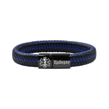 Imagem de Oneress Pulseira de alerta médico para homens e mulheres, pulseira preta com fecho de aço inoxidável para identificação de emergência, pulseira de couro PU com informações de saúde YA5551, Durable