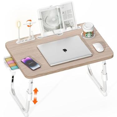 Imagem de DECOSIS Mesa de laptop para cama ajustável em altura, mesa de colo com USB/gaveta de armazenamento/suporte de copo/suporte de tablet/prateleira de livros, bandeja de café da manhã dobrável portátil