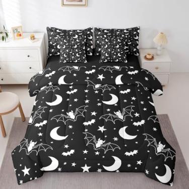 Imagem de Erosebridal Jogo de edredom solteiro de morcego de Halloween, estrelas, galáxia, lua, lençol com elástico, lençol de cima e lençol com elástico para crianças, meninos e meninas, vida selvagem gótica