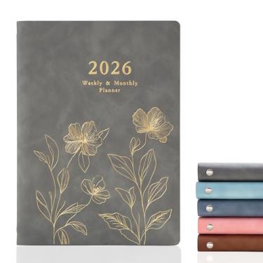 Imagem de KaiRuiYing Caderno de agenda recarregável A5 tamanho 6 anéis de couro PU diário com bolsos, divisórias, refil de papel (flores-cinza)