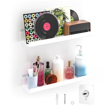 Imagem de Prateleiras flutuantes – Armazenamento de parede de acrílico/PET sem broca com adesivo, prateleiras invisíveis para banheiro e quarto para cozinha, sala de estar, decoração transparente (branco