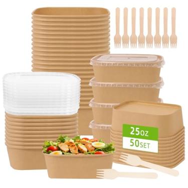 Imagem de DeziWood Pacote com 50 recipientes de papel para alimentos de 740 ml com tampas, recipientes de preparação de refeições tigelas de papel grandes descartáveis, para micro-ondas e freezer, use