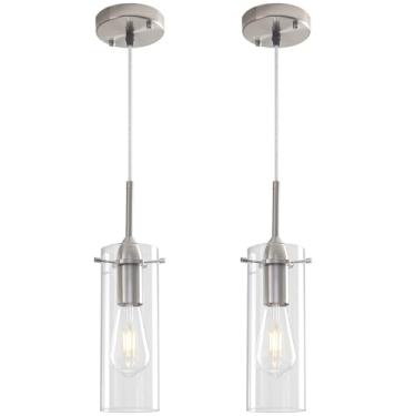 Imagem de Otmilance 2 unidades de luzes pendentes de vidro, ilha de cozinha, pingente de níquel escovado, luminária pendente moderna de vidro transparente, luzes suspensas para cozinha, ilha, sala de jantar