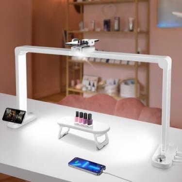Imagem de XSMNER Lâmpada de mesa dobrável com suporte de telefone, 456 LEDs ajustáveis em 3 cores (3000K-6000K), 40W para manicure, transmissão ao vivo e carregamento