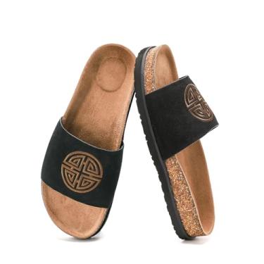 Imagem de Bodantory Sandálias femininas de camurça com suporte de arco, sandálias planas de verão confortáveis de cortiça para mulheres 2025 sapatos de férias na praia, chinelos bonitos e elegantes para uso ao