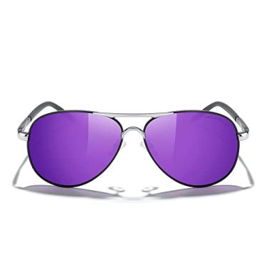 Imagem de MERRY'S Óculos de sol aviador para homens e mulheres, lentes polarizadas para dirigir, proteção UV400, S8513, Armação preta/ponte prateada/lente espelhada roxa, Lens Width: 61 Millimeters