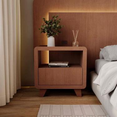 Imagem de Mesa de Cabeceira 55cm com Gaveta e Nicho 100% Mdf Padrão Planejados Mabel Castanho