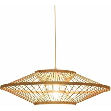 Imagem de WLHAZMWY Luminária pendente rústica vintage luminária pendente tecida à mão bambu rattan lâmpada suspensa criativa geométrica grande (60 cm)
