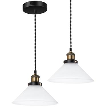 Imagem de LIGHTINN Luminárias pendentes vintage de bronze escovado com sombra de vidro branco fosco espesso, luzes suspensas para cozinha, ilha, corredor, sala de jantar E26, sem lâmpada, pacote com 2