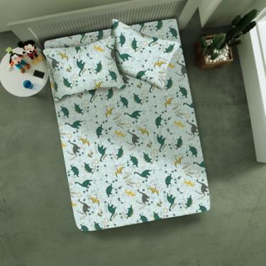 Imagem de Jogo de Cama Casal Dinossauro Verde Divertido 3 Peças – Lençol c/Elástico 138x188x30 cm + 2 Fronhas 50x70 cm – Malha 70% Algodão 30% Poliéster