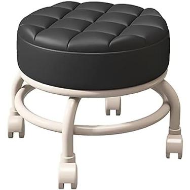 Imagem de Banco de rolamento baixo com rodas giratórias de 360°, resistente e resistente, cadeira de assento de couro PU para escritório em casa, garagem, loja, fitness, esportes, preto