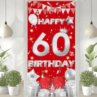 Imagem de Decoração de banner de porta de feliz aniversário de 60 anos vermelho prata 9,5 m x 1,8 m, capa de porta feliz para decoração de aniversário ao ar livre.